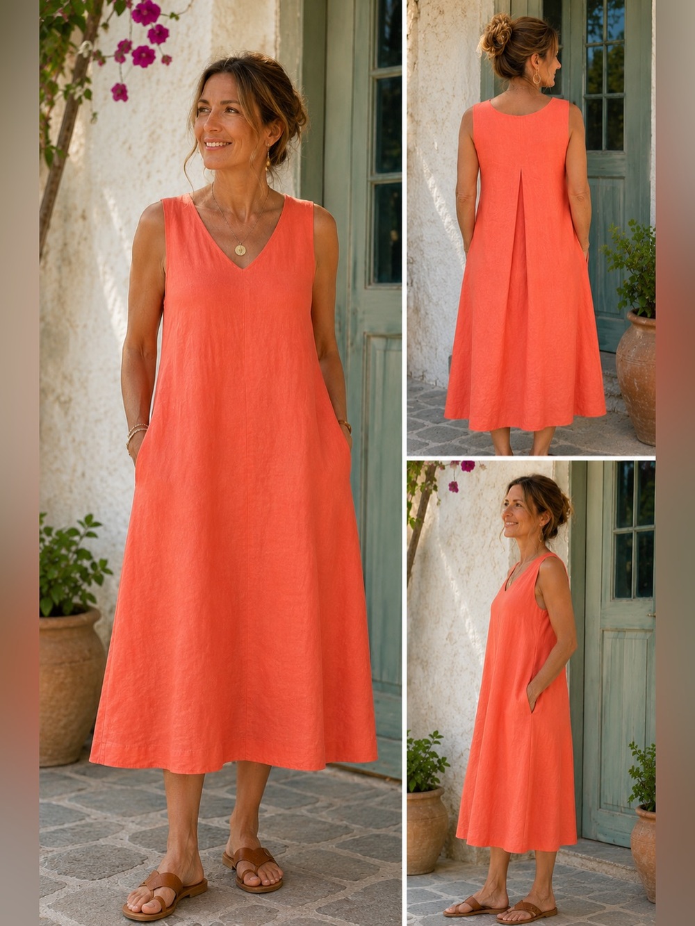 Philosophy 100% Linen Coral Maxi Dress M A-Line Pockets Pleated Back